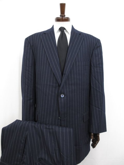 美品【SADA サダ】カノニコ Super120’s 大きいサイズ 3B段返り オーダースーツ (メンズ) 58~相当 ネイビー ストライプ柄 ◯32RMS0847◯【中古】