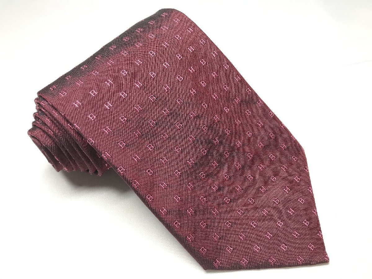超美品 【ヒューゴボス HUGO BOSS】 HB 総ロゴ 織柄 シルク 絹 ネクタイ (メンズ) 微光沢 レッド イタリア製 ◯27KSM1830【中古】