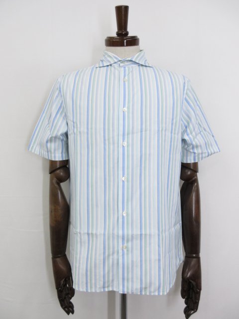 美品【CK Calvin Klein シーケーカルバンクライン】ストライプ柄 ホリゾンタルカラー半袖シャツ (メンズ) sizeM ホワイト×青系 ◇33MK5...