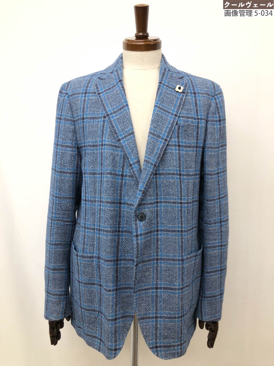 美品【ラルディーニ LARDINI】EI934AQ ブートニエール 絹25%混 2ボタン チェック柄 アンコンジャケット(メンズ)54 紺系 伊製 ◇17MJ0576◇【中古】