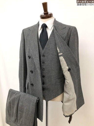 超美品【束屋 TABAYA】UA33F02B ダブル6ボタン ウール100% 3ピーススーツ (メンズ) size48 グレー系 ナチュラルな織柄 ◇32RMS1996◇【中古】 超美品【束屋 TABAYA】UA33F02B ダブル6ボタン ウール100% 3ピーススーツ (メンズ) size48 グレー系 ナチュラルな織柄 ◇32RMS1996◇【中古】
