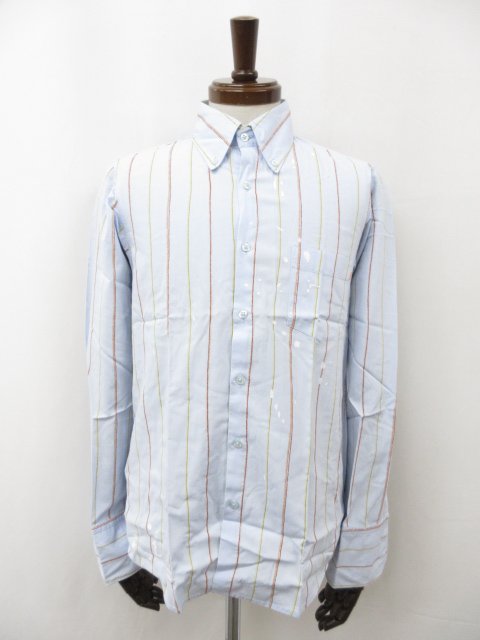 美品【HUGO BOSS ヒューゴボスオレンジ】コットン100% ペイント加工 ストライプ柄 長袖シャツ (メンズ) sizeS 水色×橙×黄系◇35MK558...