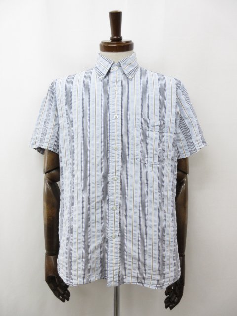 美品【ランズエンド LAND'S END】 コットン100% ストライプ柄 ボタンダウン半袖シャツ (メンズ) sizeM ホワイト×ブルー系 ◇33MK585...