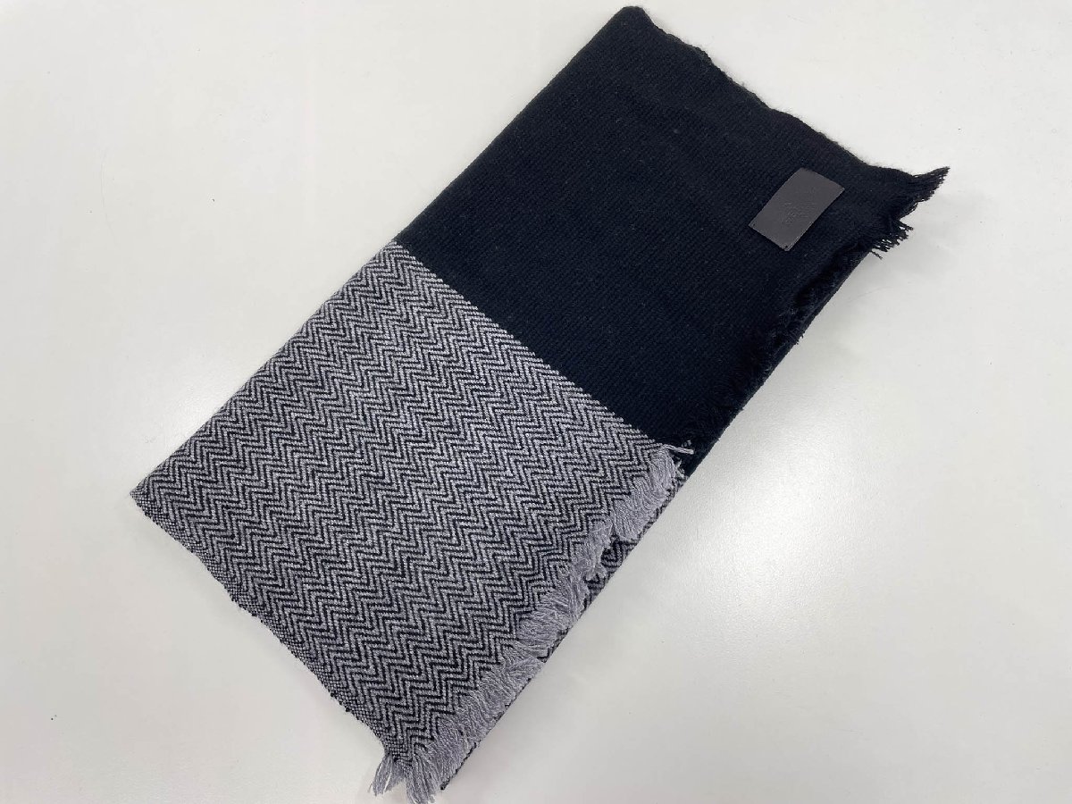超美品【エルメス HERMES】 カシミヤ100％ ロングフリンジマフラー ストール (メンズ）ブラック×グレー..