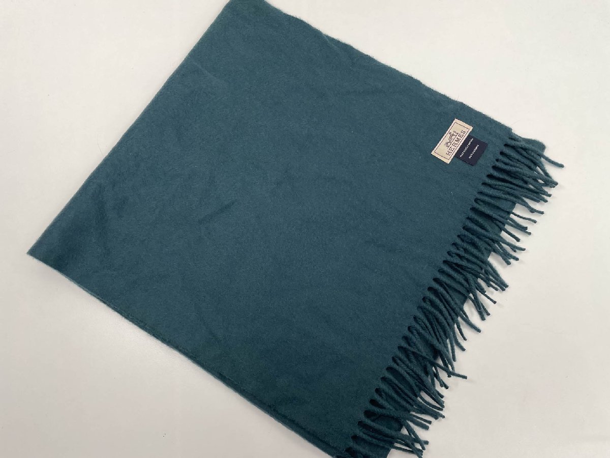 美品【エルメス HERMES】 英国製 カシミヤ100％ ブランド刺繍 大判フリンジマフラー ストール (メンズ..