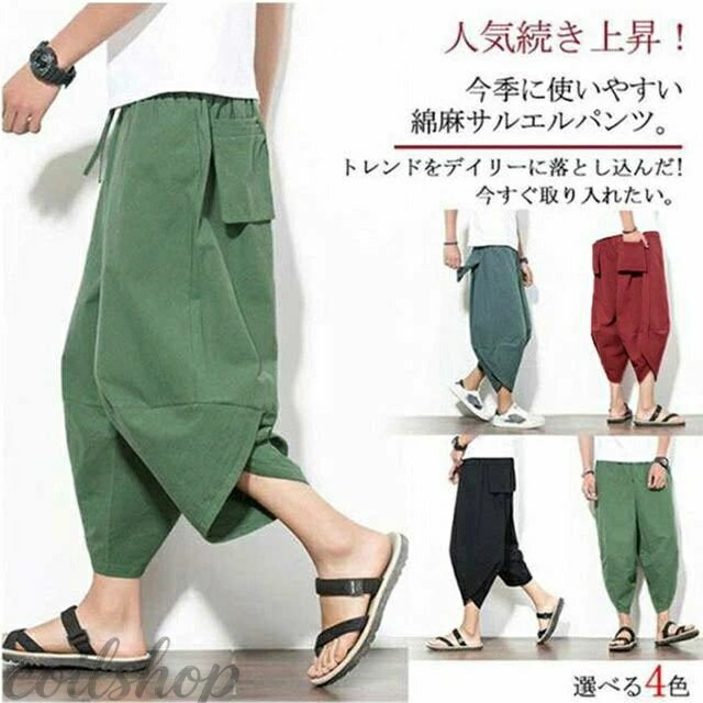 樂天商城 - 【2点500円クーポン】M-5XL展開！綿麻 パンツ クロップドパンツ リネンパンツ 7分丈 リネン ワイドパンツ サルエルパンツ リラックス パンツ リラックス メンズ