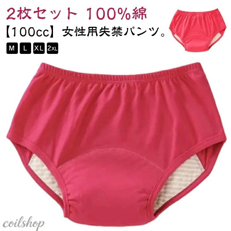 失禁パンツ 100cc 女性用 尿漏れパンツ 2枚組 介護パンツ 下着 中度失禁 軽失禁 尿失禁 尿モレ 尿漏れ パンツ 女性 中度失禁パンツ 軽度失禁パンツ パッド付き 介護ショーツ 失禁ショーツ 春 夏 秋 冬 介護衣料 100%綿 大きいサイズ 無地 シンプル 【送料無料】