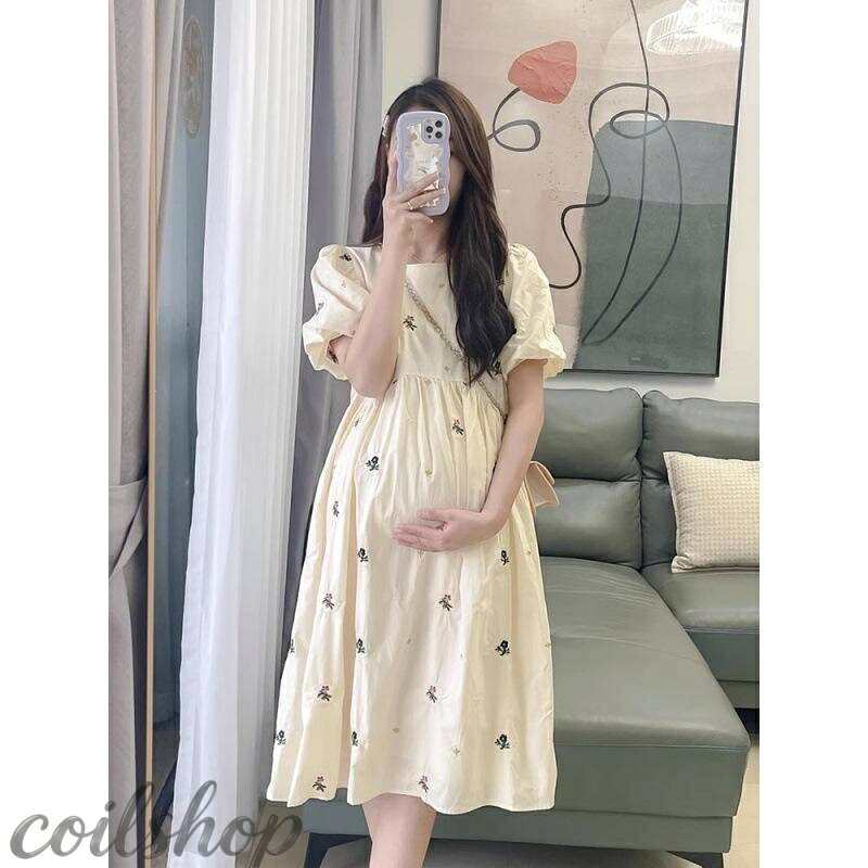 マタニティ ワンピース 妊婦服 夏 韓国風 ガーリー フェミニン 花柄 フラワー パフスリーブ ボリュームスリーブ ミディ丈 ミモレ丈 さわやか ラウンドネック 丸首 アプリコット