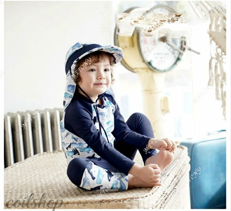 【2点500円クーポン】子供 水着 男の子 ラッシュガード 長袖 長パンツ キャップ 3点セット セットアップ キッズ 鮫 サメ 魚 uvカット 上下セット 日焼け防止 帽子付き 子ども スイムウエア 80/90/100/110/120cm 保育園 プール 水遊び コスプレ 赤ちゃん 送料無料 砂浜 海水浴