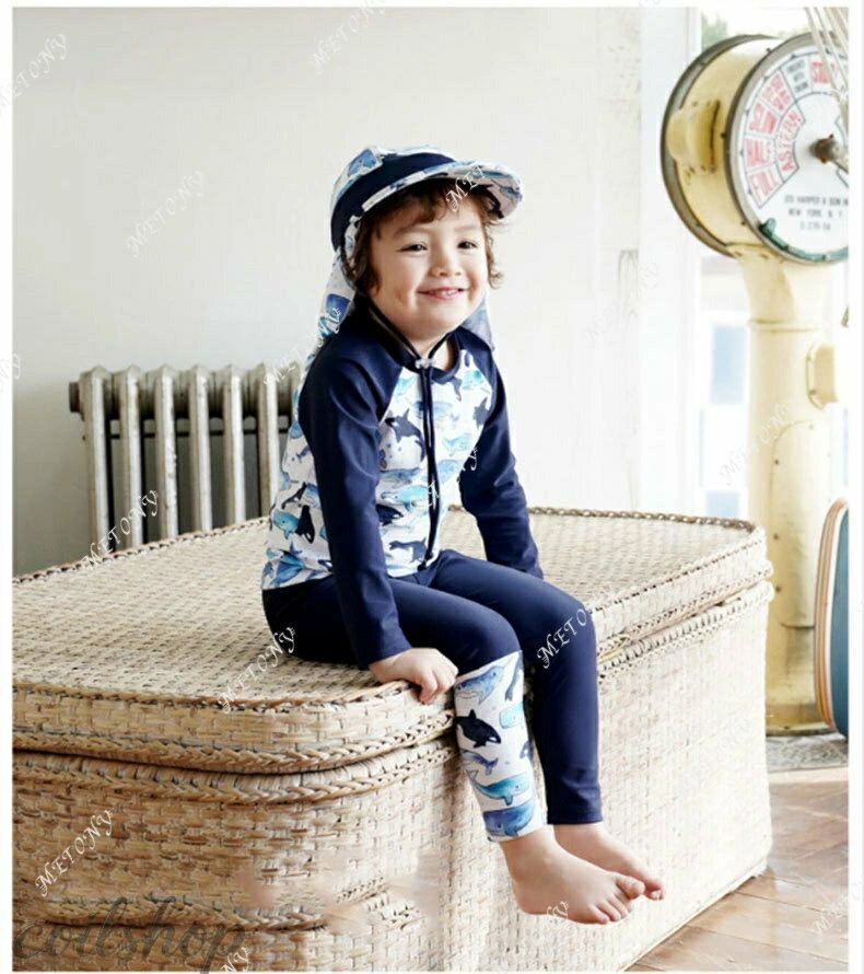 【2点500円クーポン】子供 水着 男の子 ラッシュガード 長袖 長パンツ キャップ 3点セット セットアップ キッズ 鮫 サメ 魚 uvカット 上下セット 日焼け防止 帽子付き 子ども スイムウエア 80/90/100/110/120cm 保育園 プール 水遊び コスプレ 赤ちゃん 送料無料 砂浜 海水浴