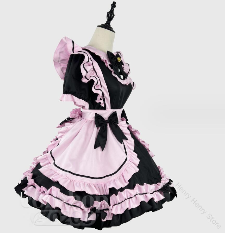 可愛いメイド服 大人用コスチューム 長袖メイド服 フリル付きワンピース+カチューシャセット ハロウィン衣装 メイドコスプレ ウェイトレスコスプレ メイド喫茶萌え舞台衣装 原宿系イベント学園祭キャラクター仮装変装女装ピンク