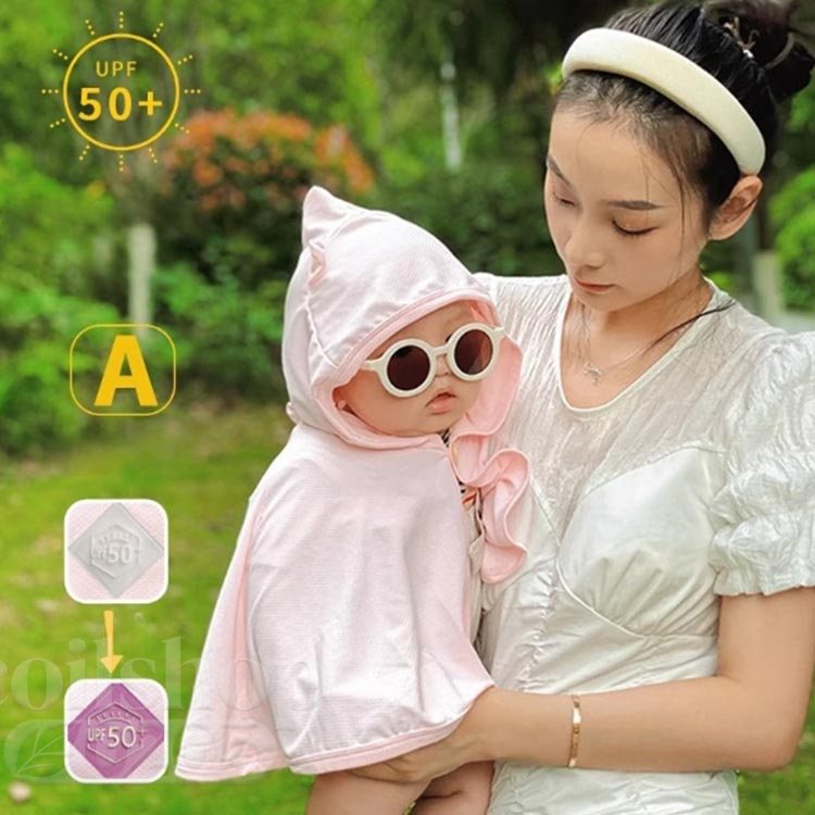 UV対策 ベビーポンチョ 猛暑/冷房対応 熊耳帽子 ベビー UPF50+ 子供服 ベビーケー...