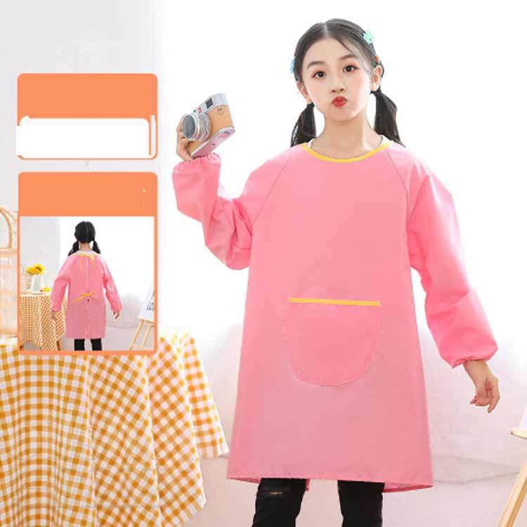 Smocks - 汚れ防止 キッズ 遊び着 エプロン お食事 無地 子供服 撥水加工 2枚セット 幼稚園 図工 習字 小学生 トップス 保育園 書道 長袖 図画工作 シンプル 2枚セット 単色 女の子 男の子 女児