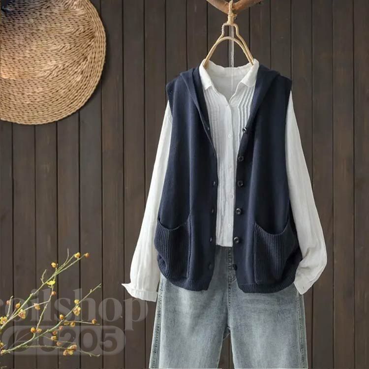 前ボタン ジレ フード付き 体型カバー ベスト ベスト 韓国 スウェット フレンチス...