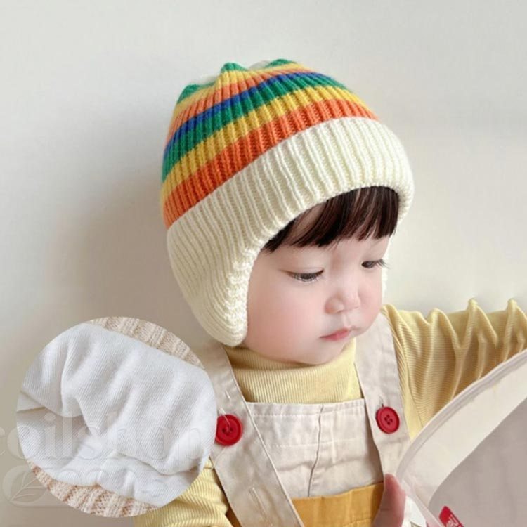 【2点500円クーポン】ニット帽 ニットワッチ 子供 キッズ 裏起毛 虹 ニットキャップ 耳付き 女の子 1歳 耳当て付き 耳あて 裏ボア 赤ちゃん 新生児 手洗い 男の子 秋冬 防寒 秋冬 ベビー