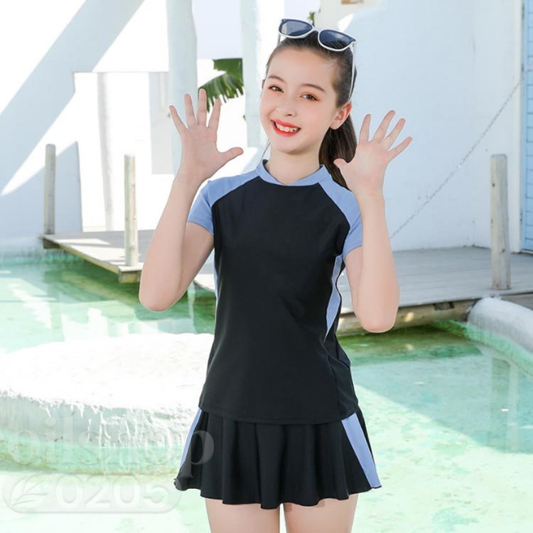 【2点500円クーポン】2点セット キッズ 水着 女の子 スクール水着 セパレート トップス ショートパンツ付きスカート スポーツウエア 子供服 スイムウェア 高校生 小学生 中学生 レデイース ジュニア キッズ ガールズ スイミング プール 送料無料