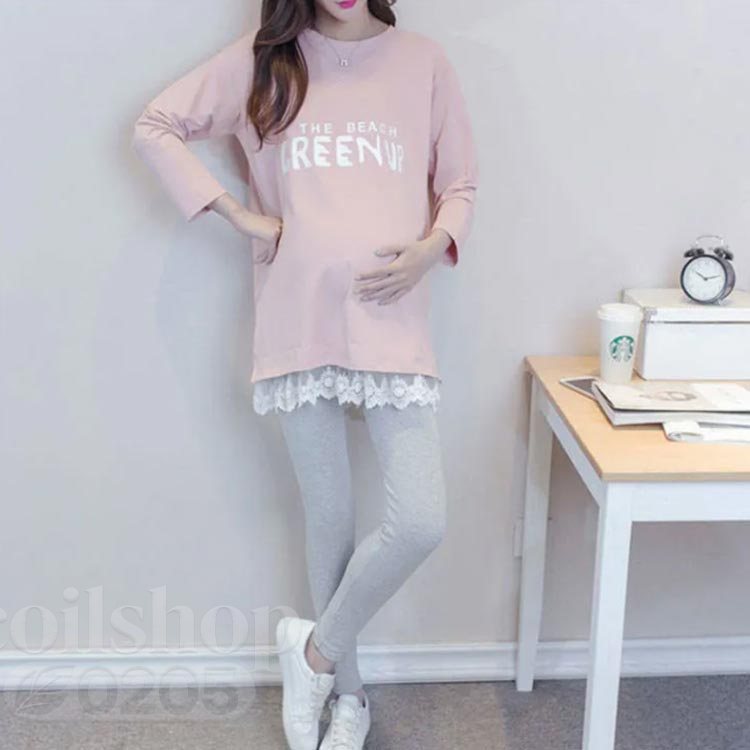 マタニティ ロングTシャツ 春秋服 マタニティウェア カットソー 大きいサイズ トップス レース裾 長袖 体型カバー お洒落 産前産後 妊娠服 カジュアル キレイめ 送料無料 2