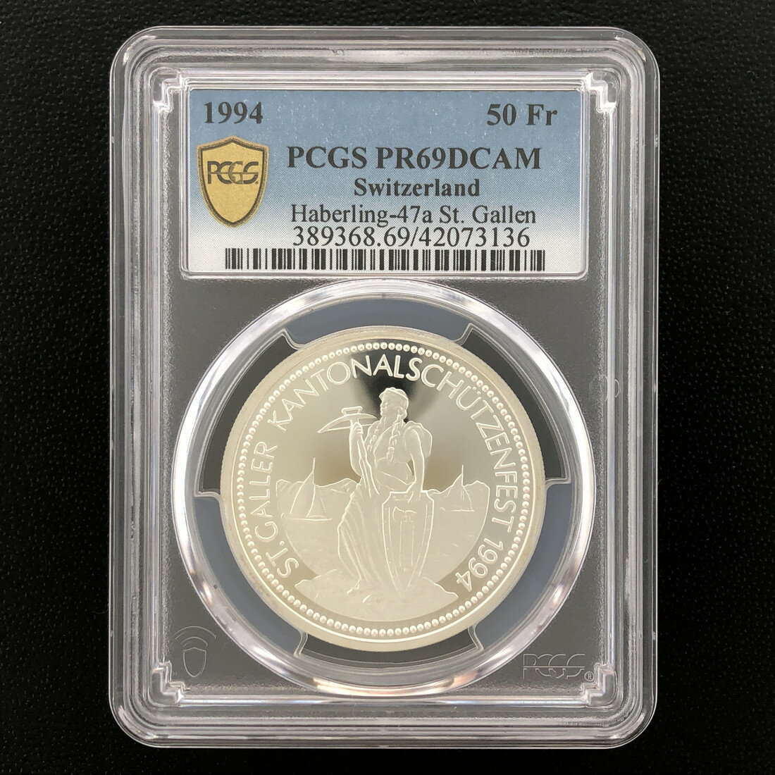 SWITZERLAND スイス 50フラン銀貨『ザンクト・ガレン』1994 スラブ入り PCGS PR 69 DCAM 射撃祭