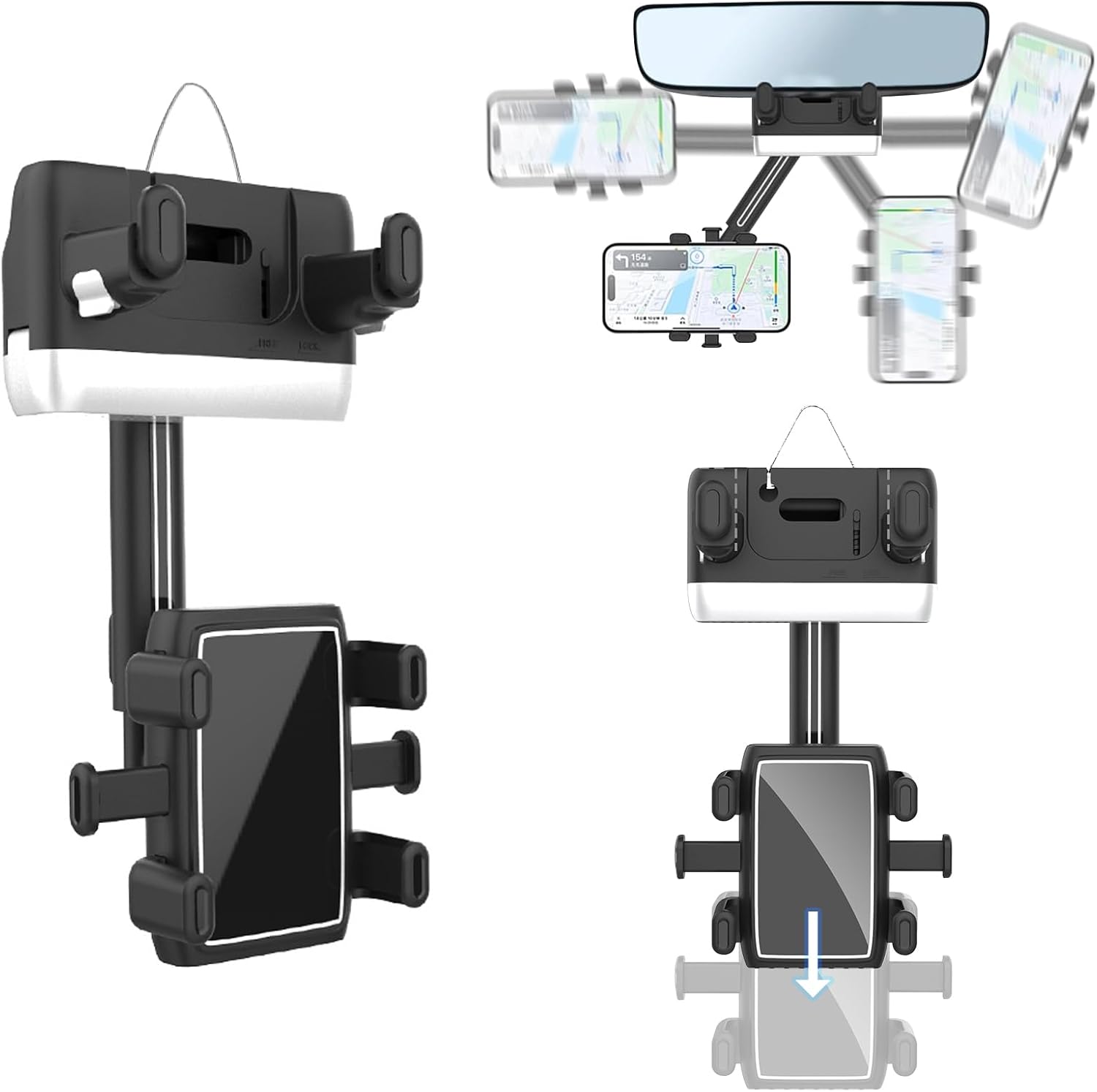 スマホホルダー バックミラー 車載ホルダー 車 スマホ車載ホルダー 携帯電話ホルダー カー用品 バックミラー取り付け式 4-7インチスマホ対応 安定性 伸縮アーム 360°自由調整 滑り止め シリコン保護パッド 片手操作