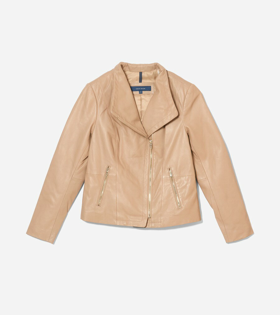 コールハーン Colehaan アウトレット ウィメンズ アウトレット アパレル モウルデッドカラーアシンメトリックレザージャケット womens. T10559 アーモンド