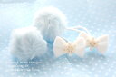 【両端】2本セットヘアゴム◎アイスブルーminiフェイクファーボンボン&ホワイトベロアりぼん◎雪の結晶付きデザイン