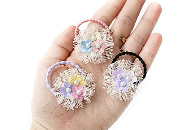 2本セットシンプルヘアゴム◎アイボリー無地チュールサークル◎mimimimiお花3色パー...