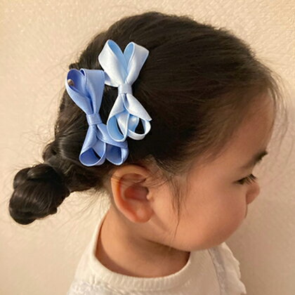 【miniゴム＆miniクリップ】ワンポイント◎上質サテン無地ツイストデザイン【寒色系】キッズ 子供 ヘアゴム ヘアアクセサリー 髪飾り 髪留め保育園 幼稚園 デイリー りぼん フォーマル