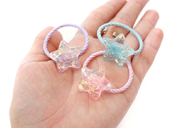 【mini 2本入り】シェル＆ラメ入り◎2色グラデーションクリアスターパーツヘアゴム ...