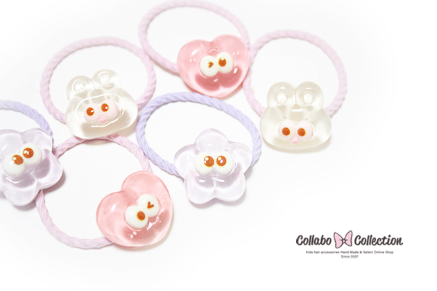 Hair Rubber Band - NEW!!【mini 2本入り】クリアパーツ☆キョロキョロ3人組デザインヘアゴム キッズ 子供 ヘアアクセサリー 髪飾り 髪留め保育園 幼稚園 小学校 ヘアアレンジ毎日 パーツ くま さくらんぼ ハート 花 王冠