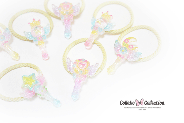 NEW!!【mini 2本入り】キラキラ☆グラデーション魔法のステッキ☆デザインヘアゴム キッズ 子供 ヘアアクセサリー 髪飾り 髪留め保育園 幼稚園 小学校 ヘアアレンジ毎日 パーツ くま さくらんぼ ハート 花 王冠