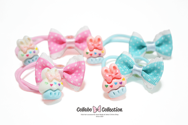 ALL99円祭★【両端2本入り】ラビット＆ドットリボンキッズ ヘアゴム 子供 髪留め ヘアアクセサリー髪飾り 七夕 星 パーツ ヘアアレンジ 浴衣 花