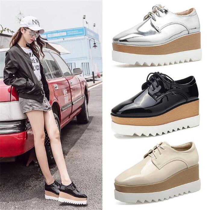 身長アップ効果の厚底/女性の靴/編み上げシューズ ウェッジソール レースアップ パンプス レディース/厚底スニーカー/エナメル靴