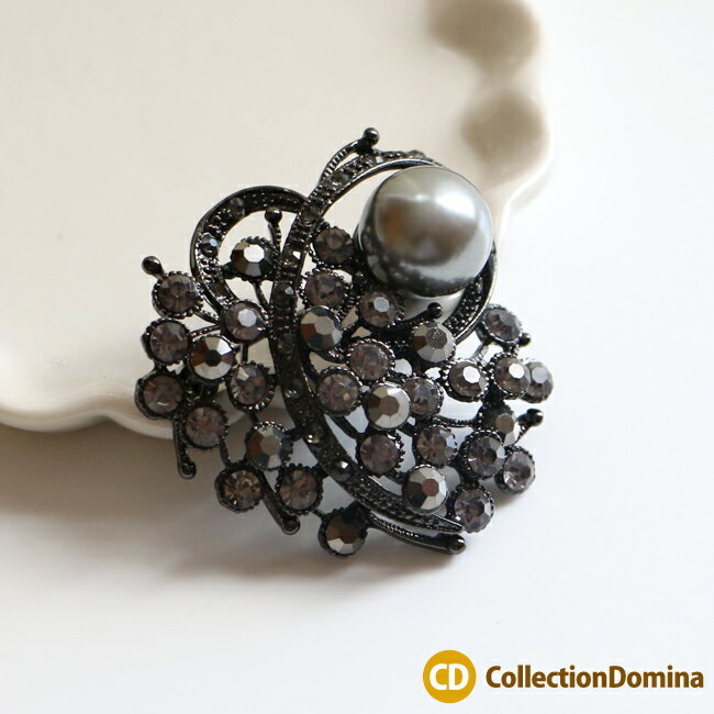 Pearl - ピンブローチ ブローチ ブラックパール ラインストーン ブラック 黒色 グレー 灰色 レディース アクセサリー 雑貨 小物 キラキラ