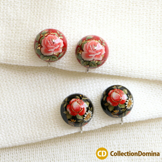 イヤリング ネジバネ式 半球パーツ 薔薇 バラ 花柄 模様入り 転写パーツ レッド 赤色 シルバー 銀色 レディース アクセサリー
