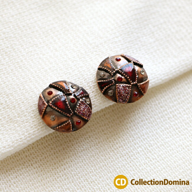 大ぶり イヤリング ネジバネ式 アンティーク調 ラインストーン レッド 赤色 エンジ色 アンティークゴールド コッパー レディース アクセサリー カジュアル キラキラ オシャレ