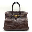 エルメス バーキン30 ニロティカスマット トワルアッシュ □E刻印 クロコダイル レザー ブラウン ゴールド金具 ハンドバッグ HERMES 中古