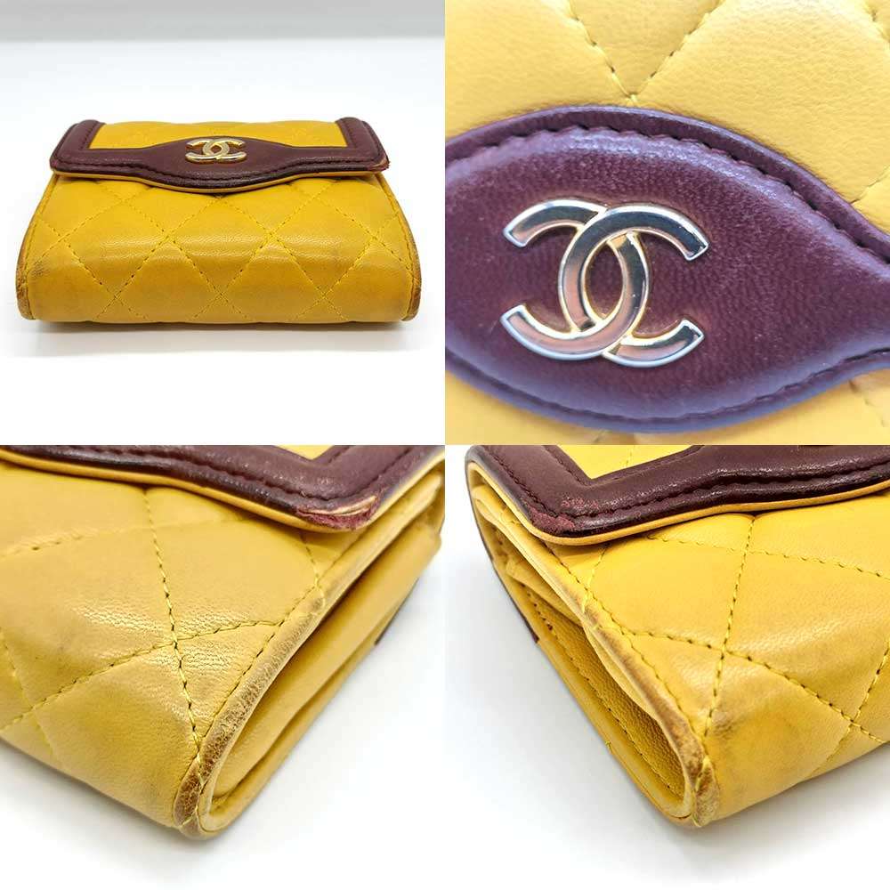 【絶対お得!!クーポンあり＆10％OFF】シャネル コインケース カードケース マトラッセ 黄×茶 イエロー×ブラウン バイカラー ミニ財布 Bランク レディース ラムスキン レザー 中古 CHANEL