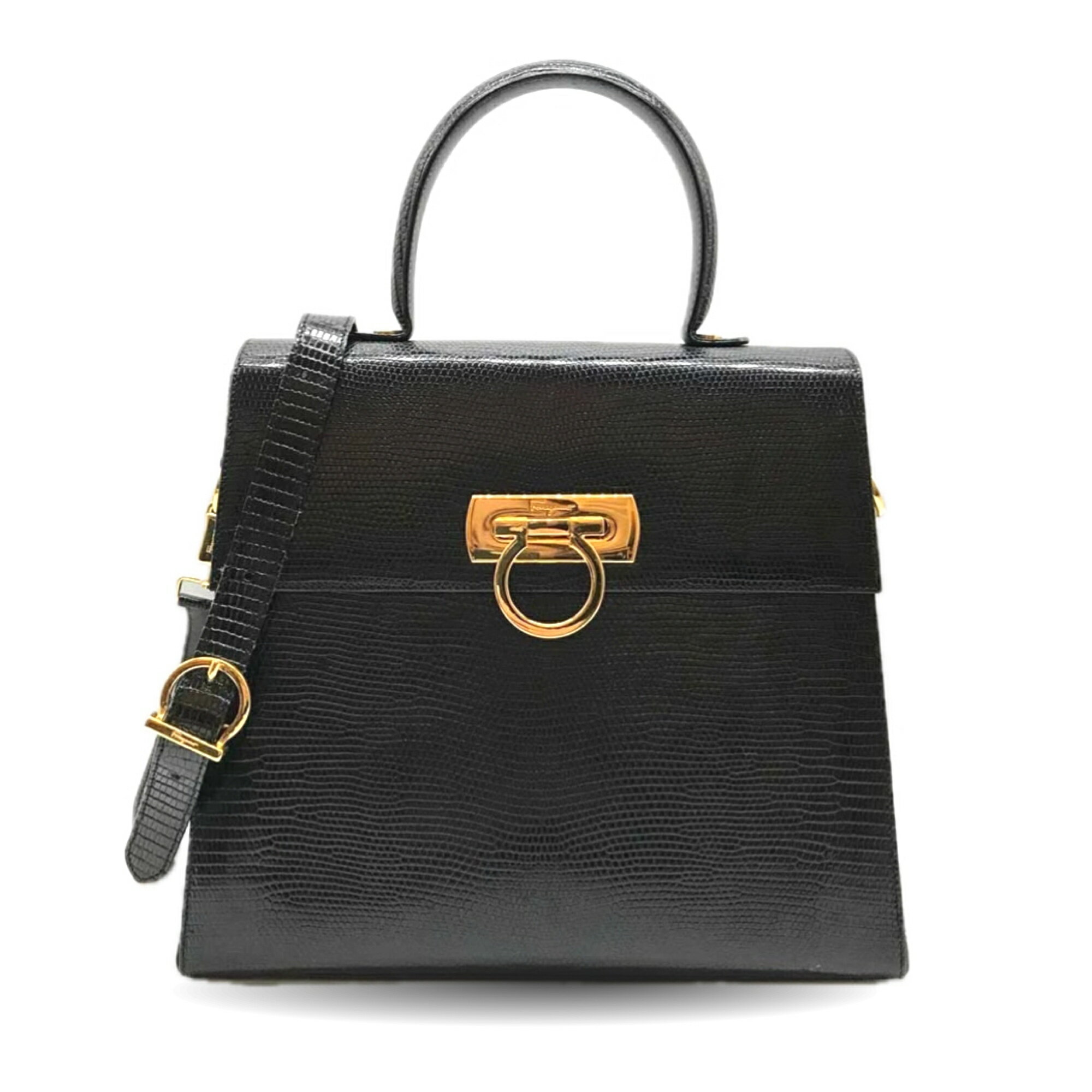 楽天コレクション神戸byブランドリッツ【絶対お得!!クーポンあり＆10％OFF】フェラガモ 2WAY ハンドバッグ ガンチーニ リザード レザー ブラック ゴールド金具 ヴィンテージ Salvatore Ferragamo ABランク 中古