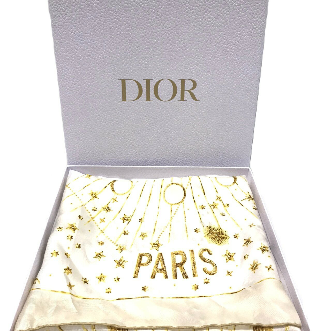 ディオール 70 スクエアスカーフ アストラル Astral ホワイト ゴールド シルク DIOR Aランク 美品 中古