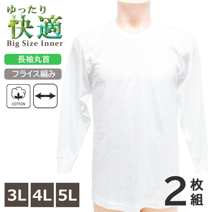 メンズ インナー 新栄 ゆったり快適 大きいサイズ 長袖丸首 13-825 2枚組 送料無料 綿100％ フライス編み クルーネック 紳士肌着 無地 シャツ アンダーウェア 肌着 下着（07083）