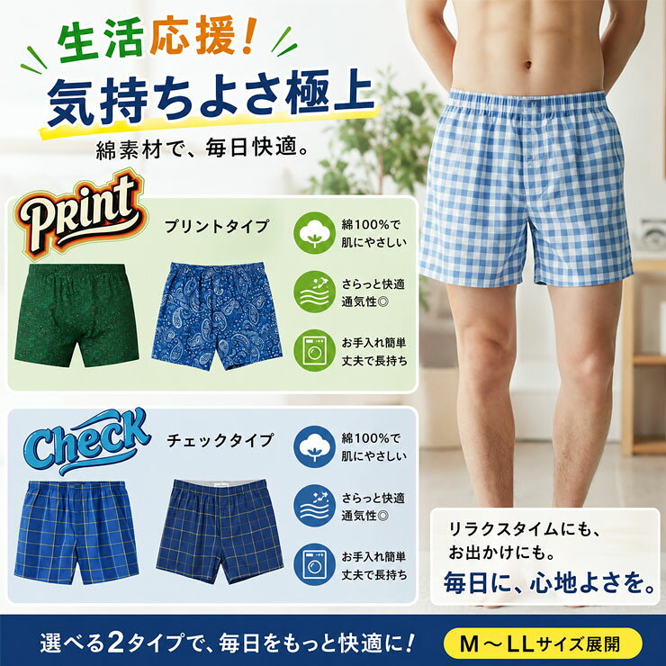 【3枚以上お買い上げで送料無料】 トランクス メンズ 前開き 綿100％ 下着 デザインおまかせ アソート 単品 紳士 プリント チェック 柄入り ストライプ パンツ 男性 前あき (00228) (3)