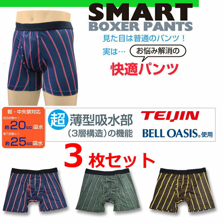 尿漏れパンツ 男性用 失禁パンツ TJI-474 3枚組 ボクサーパンツ メンズ 軽失禁用品 ちょいモレ ちょいもれ 介護 リハビリ 消臭 尿モレ 尿もれ(02732)