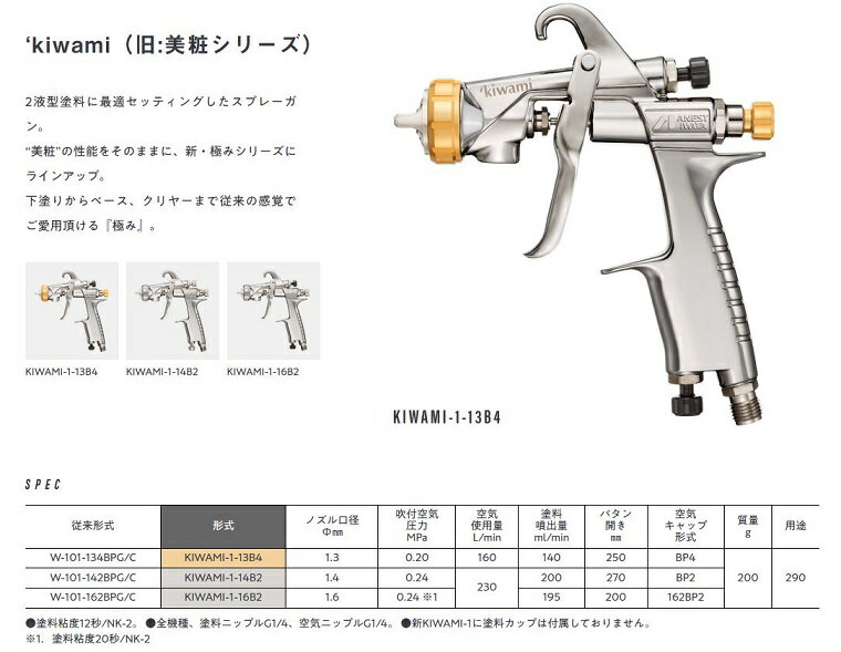 ■【KIWAMI-1-13B4】【PC-400AB-2LF付】【極み】重力式・上カップANEST iwata アネスト岩田W-101-134BPGC後継モデル 美粧金ゴールド【ベースコート/メタリック/パール用】小型スプレーガンシリーズ【アルミ400mlフリーアングルカップ付】 2