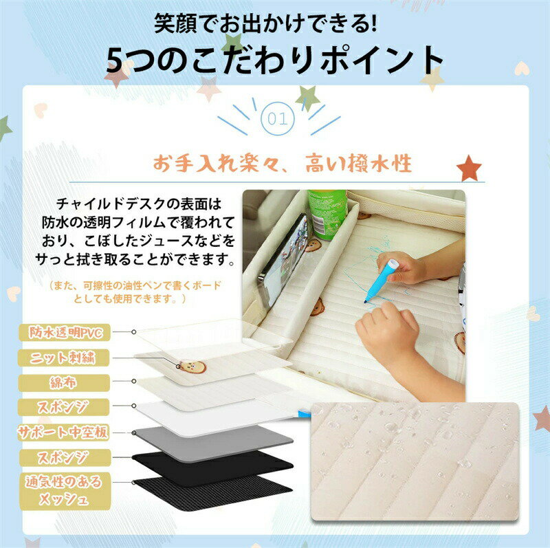 チャイルドシートテーブル チャイルドデスク 車 机 赤ちゃん 子供 おすすめ 車用品 チャイルドトレイ ベビーテーブル 車内 かわいい シートテーブル 子ども用 食事 お絵かき お遊び台 両側に収納ポケット付き 防水 撥水 収納 固定バンド付き 【防汚・防水・収納!!】