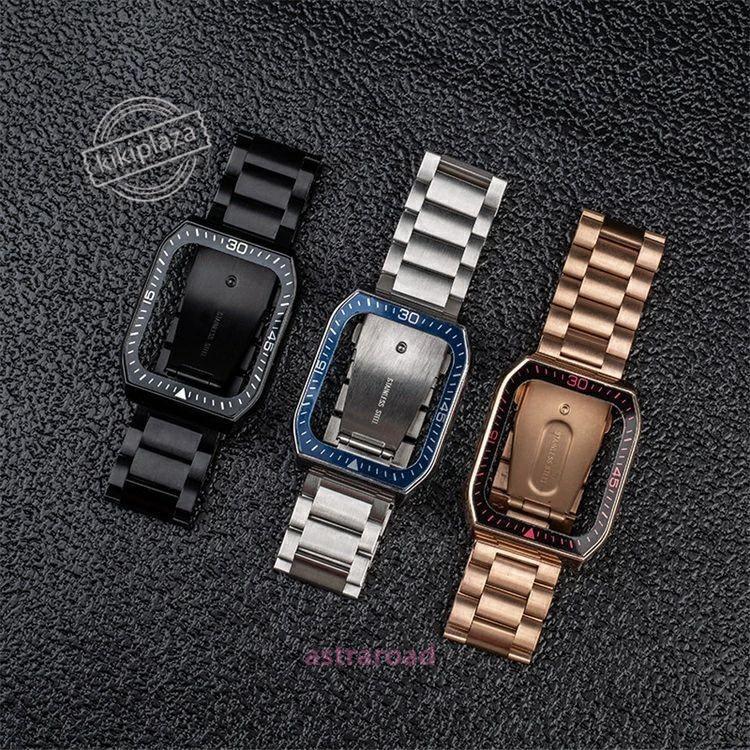 Ladies - apple watch バンド 本革 保護ケース+バンドセット フレーム保護 ビジネス アップルウォッチバンド シンプル おしゃれ 45mm 44mm ステンレス 長さ調節可 金属