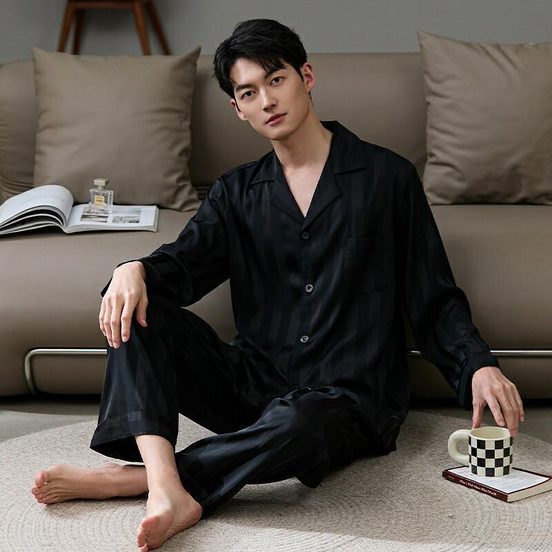 シルク パジャマ メンズ 長袖 前開き セットアップ 薄手 長袖トップス ロングパンツ 韓国 ルームウェア 春夏 春 秋 夏用 洗える 上下 セット 寝返りしやすい