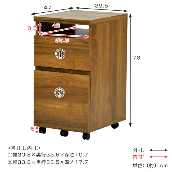 お弁当グッズのカラフルボックスのデスクワゴン ヴィンテージ調 抗菌シート仕上 約幅40cm （ 送料無料 サイドワゴン 収納 デスク ワゴン サイドチェスト デスクキャビネット デスクチェスト 引き出し キャスター付 デスク下 北欧 抗菌シート 抗菌 おしゃれ ） 【3980円以上送料無料】｜アングル2