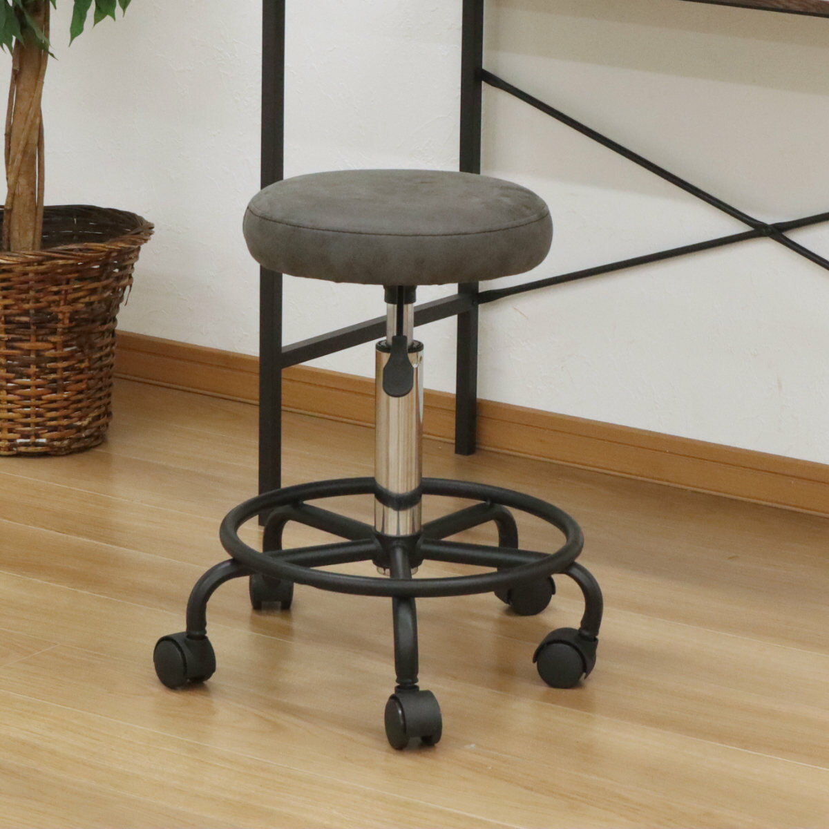 キャスター付きチェア 背なし 昇降式 回転式 座面高51.4〜67.4cm （ 丸 円形 レザー調 合皮 椅子 デスクチェア カウンターチェア キッチン リビン...