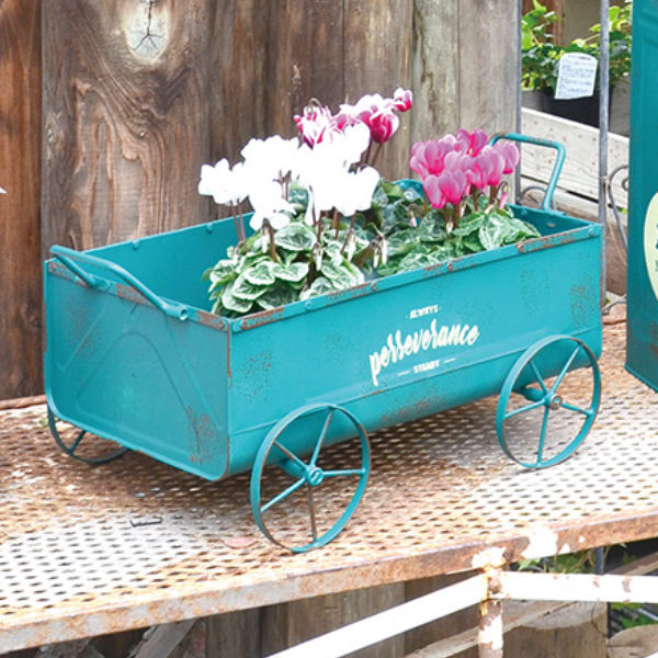 プランター 屋外 カート ティンメタル 一斗缶 幅37×奥行28×高さ17.5cm （ 送料無料 ワゴン 置き型 フラワーポット フラワースタンド 植木鉢 鉢カバー フラワー ポット スチール ブリキ アンティーク調 おしゃれ ） 【3980円以上送料無料】のサムネイル