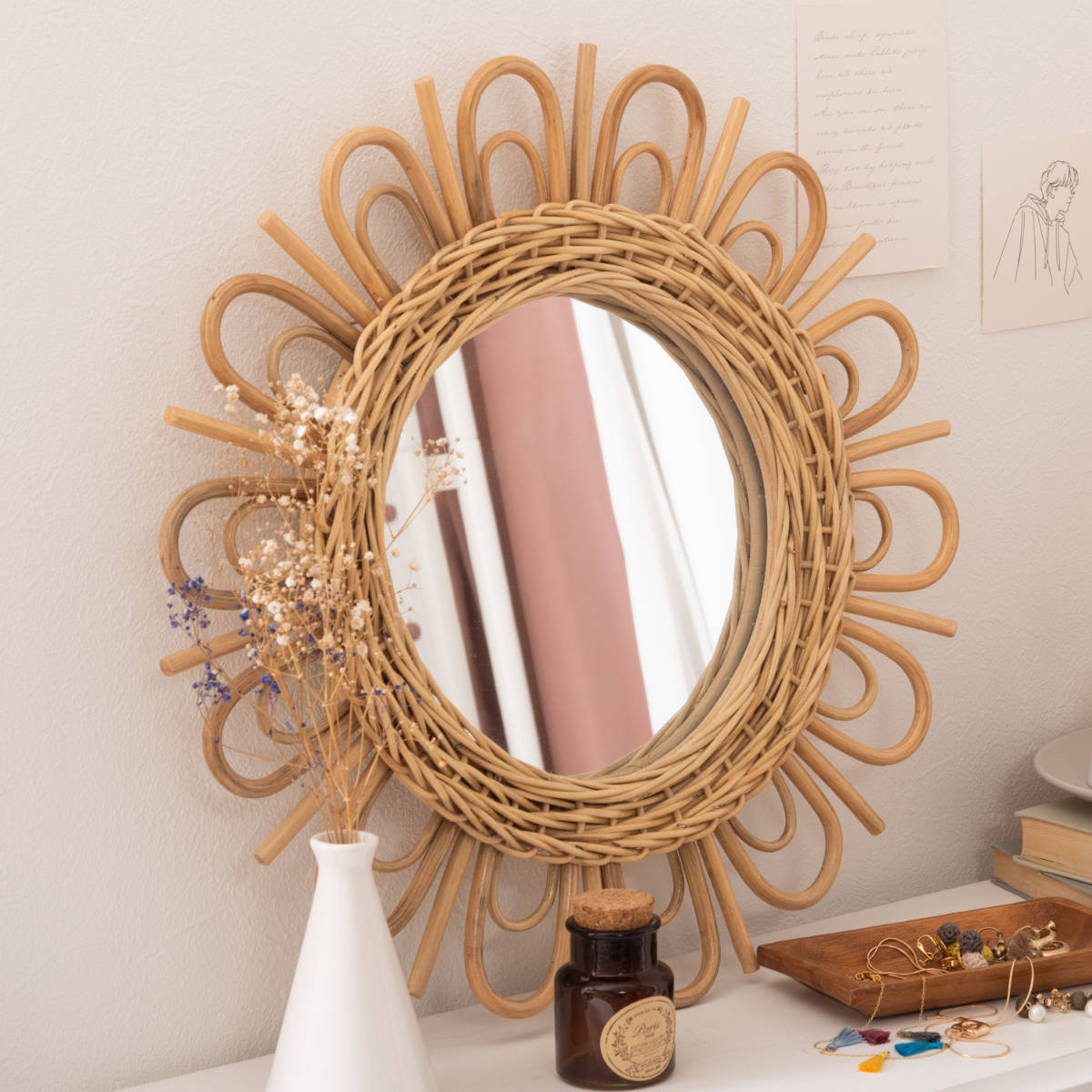 ウォールミラー ラタン フラワー型 47×47cm （ ミラー 壁掛け 鏡 かがみ 丸ミラー 花型  ...